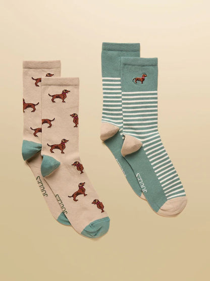 Joules Socks 2-Pack: Dachshund & Striped Cotton Blend Crew Socks - Khaki, Cream, & Green. Equiflair Saddlery