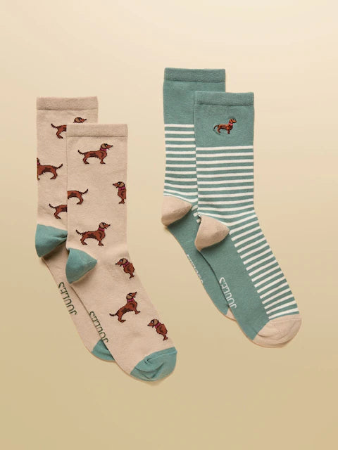 Joules Socks 2-Pack: Dachshund & Striped Cotton Blend Crew Socks - Khaki, Cream, & Green. Equiflair Saddlery