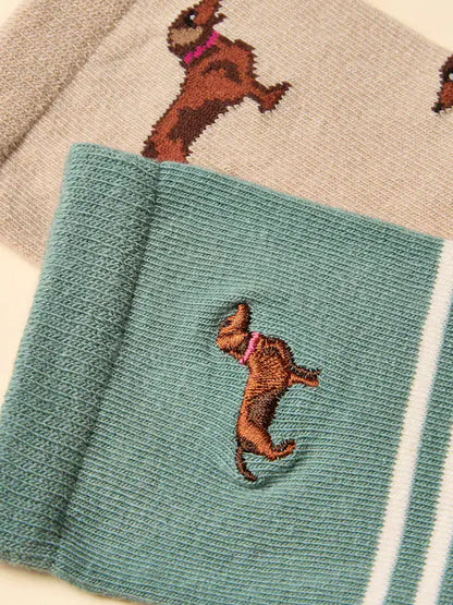 Joules Dachshund Socks - Khaki/Cream & Teal 2-Pack from Equiflair: Cotton blend socks with embroidered dogs.