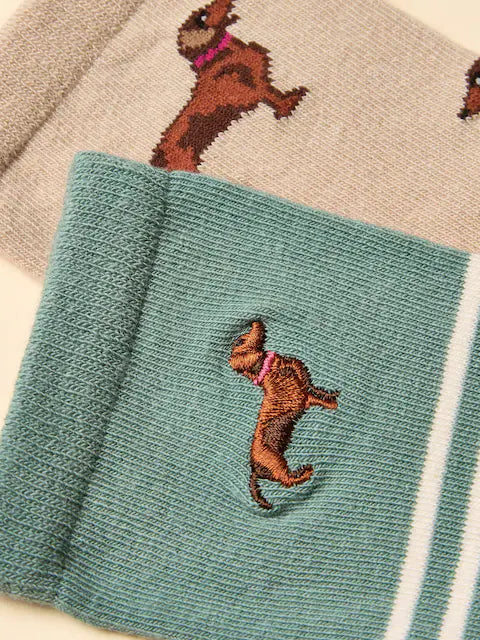 Joules Dachshund Socks - Khaki/Cream & Teal 2-Pack from Equiflair: Cotton blend socks with embroidered dogs.