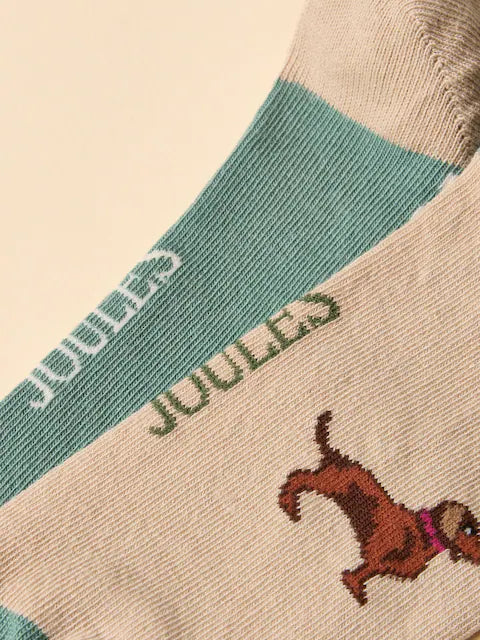 Joules Dachshund Socks - Khaki & Cream Cotton Blend - Equiflair Saddlery