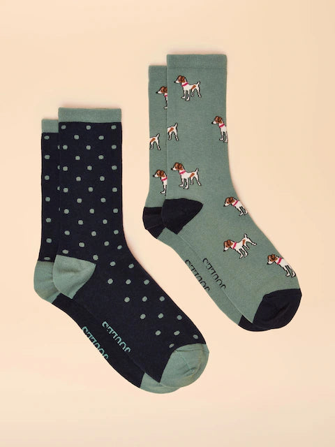 JOULES Socks: Green Dog & Blue Polka Dot Socks. 2-Pack Everyday Cotton Blend for Men and Women.