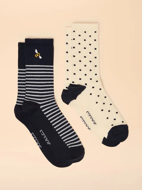 JOULES Navy & White Socks 2-Pack: Striped, Polka Dot. Cotton blend socks with bee detail. Equiflair Saddlery