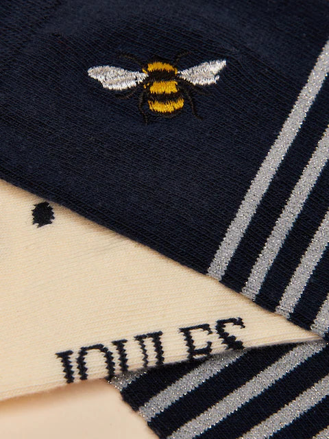 JOULES Navy/White Socks: Cotton Socks with Bee Embroidery, Stripes, Polka Dots - Equiflair Saddlery