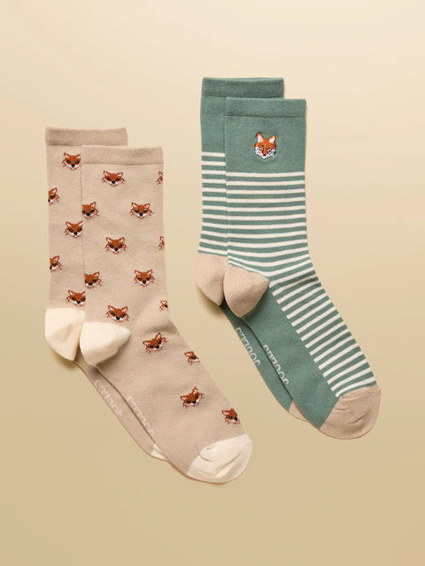 Joules Socks: Khaki & Green Fox 2-Pack | Equiflair Saddlery Cotton Blend