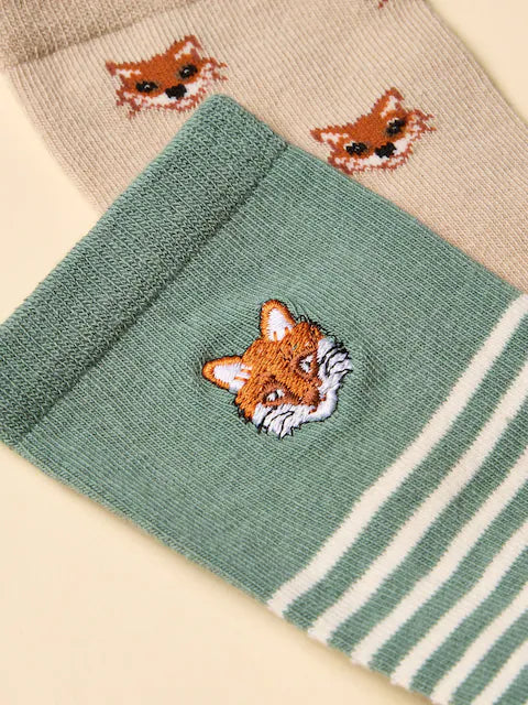 JOULES Fox Socks: One Green Striped, One Beige Fox Pattern - Everyday Cotton Blend Socks