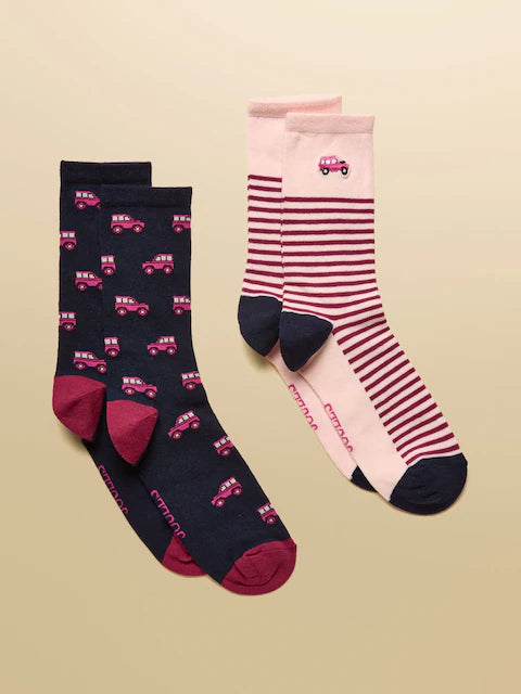 JOULES Socks - Navy Pink 2 Pack, Car Print. Everyday cotton socks from Equiflair Saddlery.