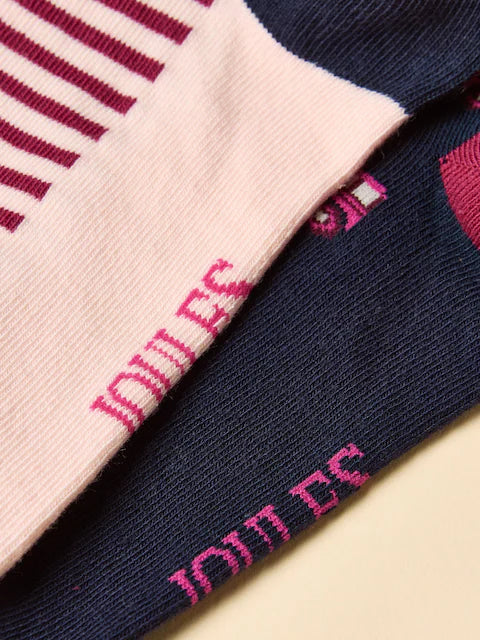 JOULES Everyday Socks - Navy/Pink 2-Pack: Striped & Logo Cotton Blend