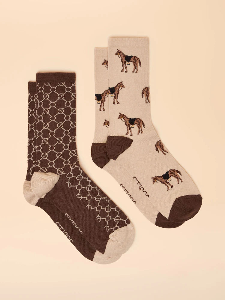 Joules 2-Pack Socks: Brown Geometric & Cream Horse Print | Equiflair Saddlery - Stylish Cotton Blend Equestrian Socks