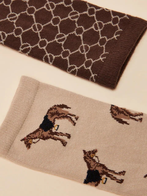 JOULES Everyday Socks 2 Pack - Brown Pattern & Cream Dog Print - Cotton Blend Ankle Socks