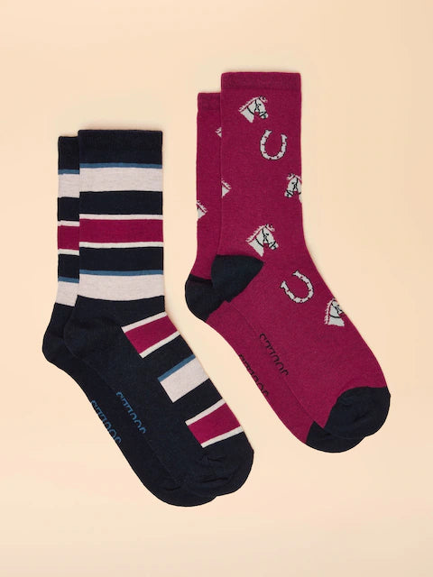 JOULES: 2 pairs of socks: berry red horseshoes & navy striped. Equiflair Saddlery socks. High quality cotton.