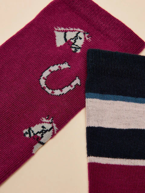 JOULES Berry Red Socks 2-Pack | Horse & Stripe Pattern, Equiflair Saddlery