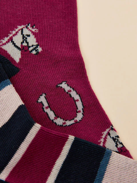 Joules EVERYDAY Berry Red Socks - Horse & Striped Pattern - Equiflair Saddlery