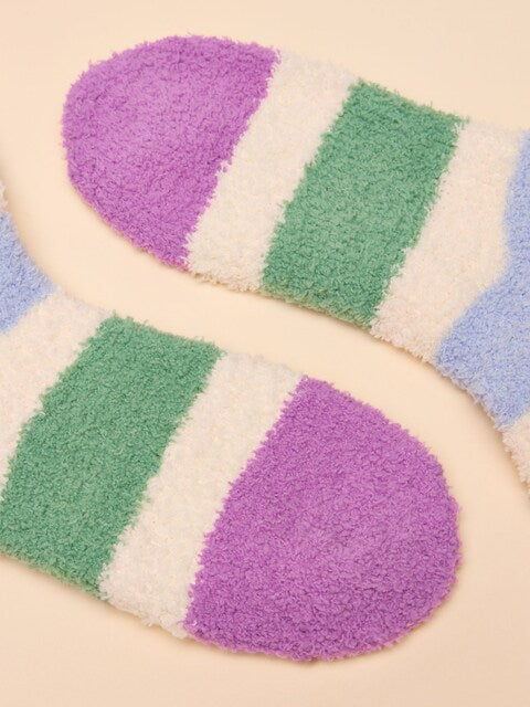 Joules Fluffy Blue Fluffy Socks: Pastel striped fuzzy socks, soft knit texture, comfortable and warm winter footwear.