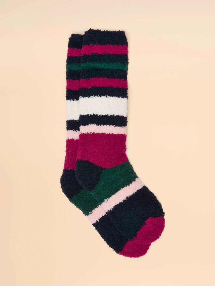 JOULES Fluffy Berry Red Striped Socks - Cozy Plush Knee Highs for Women - Equiflair Saddlery