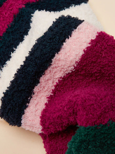 Joules Fluffy Socks: Berry Red, Pink, Green & White. Soft Fuzzy Socks by Equiflair Saddlery