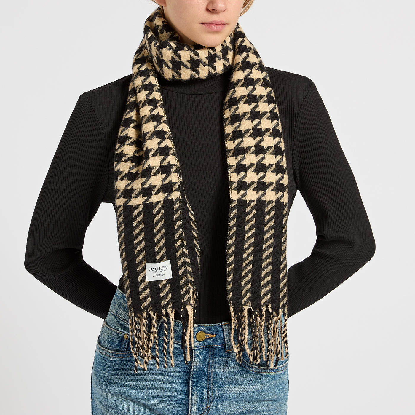 JOULES Langtree Houndstooth Scarf - Black and Tan Women's Fashion Scarf with Tassels