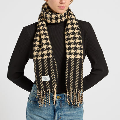 JOULES Langtree Houndstooth Scarf - Black and Tan Women's Fashion Scarf with Tassels