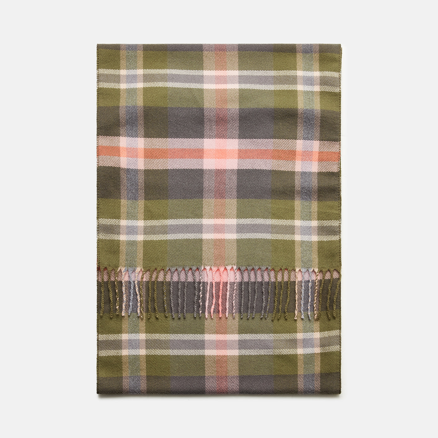 JOULES LANGTREE Khaki & Pink Plaid Scarf - Soft Wool Blend, Fringed Edge, Stylish Warm Accessory
