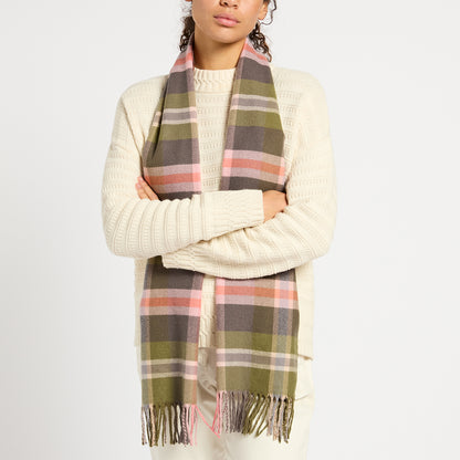 JOULES LANGTREE KHAKI/PINK scarf. Plaid patterned winter scarf by Equiflair.