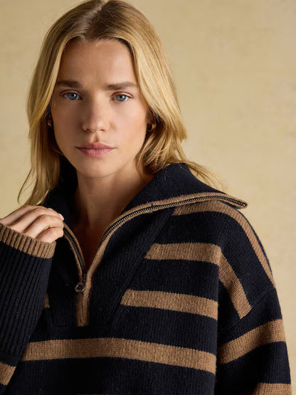 Joules Waverley Wool-Rich Navy & Tan Stripe Quarter Zip Funnel Neck Jumper