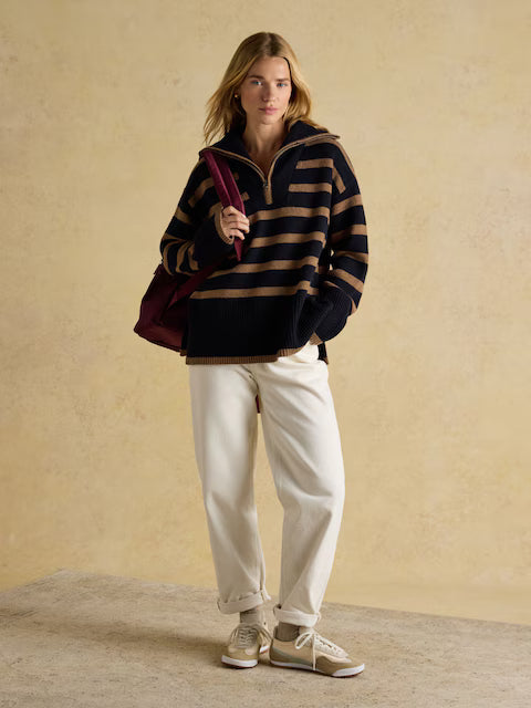 Joules Waverley Wool-Rich Navy & Tan Stripe Quarter Zip Funnel Neck Jumper