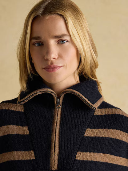 Joules Waverley Wool-Rich Navy & Tan Stripe Quarter Zip Funnel Neck Jumper