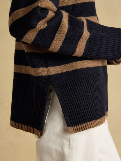 Joules Waverley Wool-Rich Navy & Tan Stripe Quarter Zip Funnel Neck Jumper
