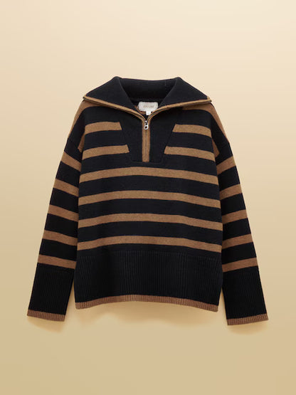 Joules Waverley Wool-Rich Navy & Tan Stripe Quarter Zip Funnel Neck Jumper