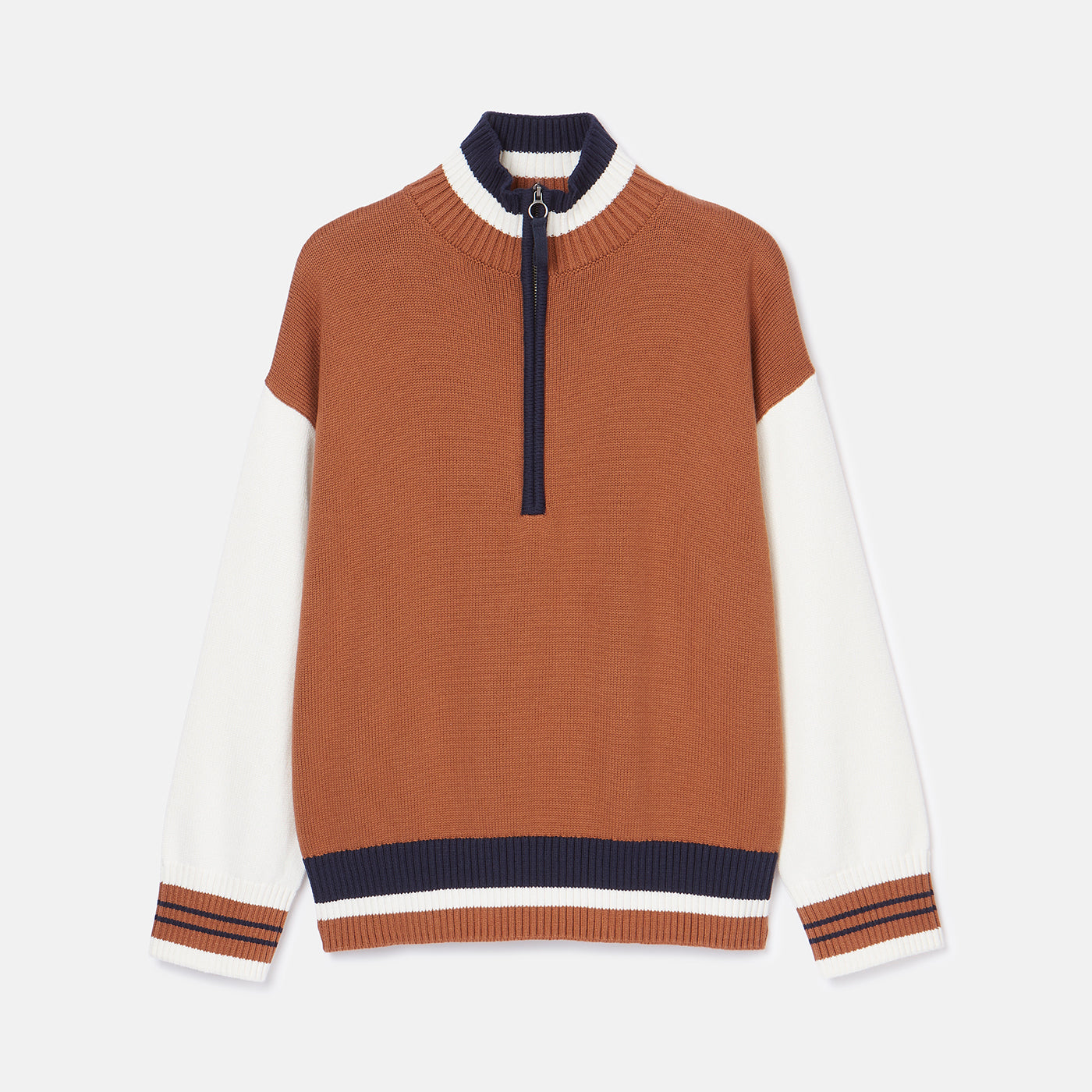 JOULES Varsity Brown Cream Colorblock Jumper: Cotton, High Neck Quarter Zip Knit