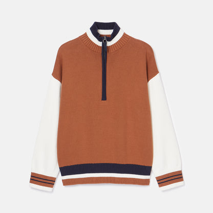 JOULES Varsity Brown Cream Colorblock Jumper: Cotton, High Neck Quarter Zip Knit