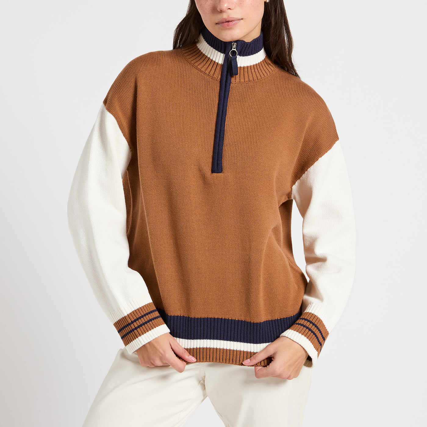Joules Varsity Brown & Cream Colourblock Jumper - Cotton Knit Quarter Zip Pullover Sweater