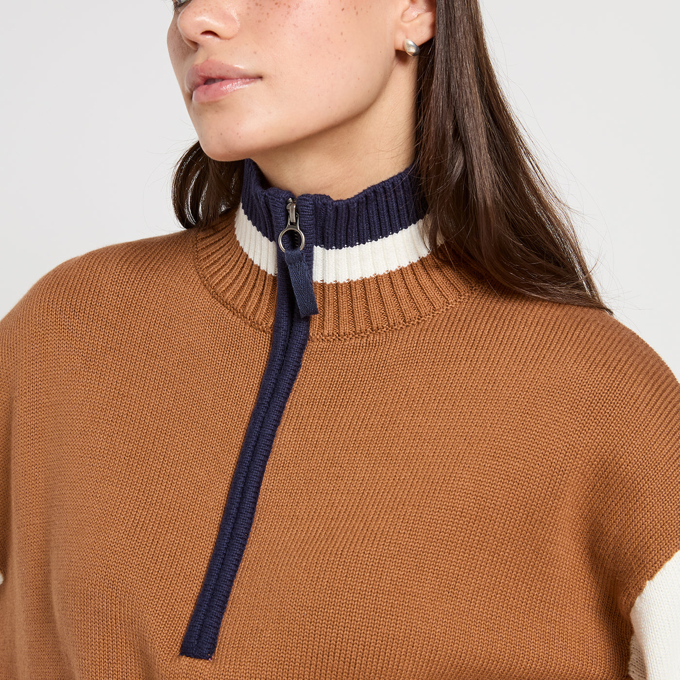JOULES Varsity Colourblock Jumper: Brown and Cream Knit with High Neck and Quarter Zip