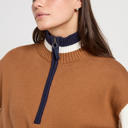 JOULES Varsity Colourblock Jumper: Brown and Cream Knit with High Neck and Quarter Zip