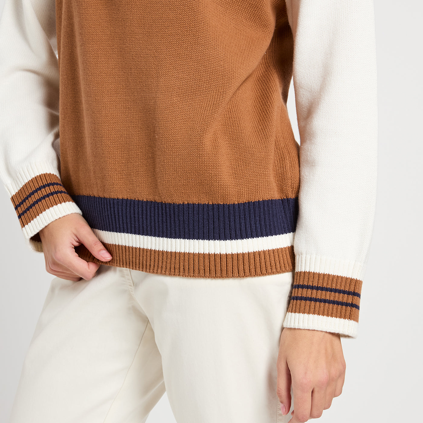 JOULES Varsity Brown/Cream Colourblock Jumper: High neck, quarter zip, ribbed striped trims, cozy cotton knit.