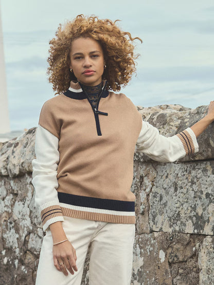 Joules Varsity Brown & Cream Colourblock Quarter Zip Cotton Jumper - Jumpers, Fleeces & Hoodies Clothing Leisure