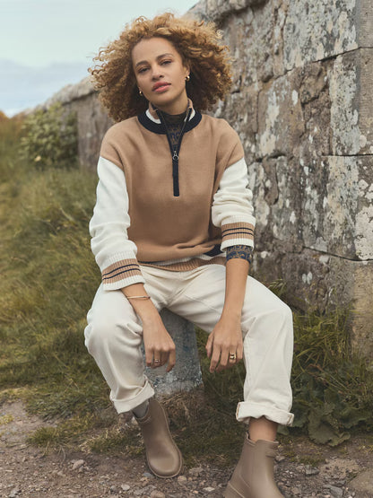 Joules Varsity Brown & Cream Colourblock Quarter Zip Cotton Jumper