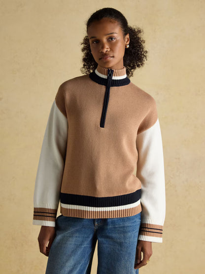 Joules Varsity Brown & Cream Colourblock Quarter Zip Cotton Jumper