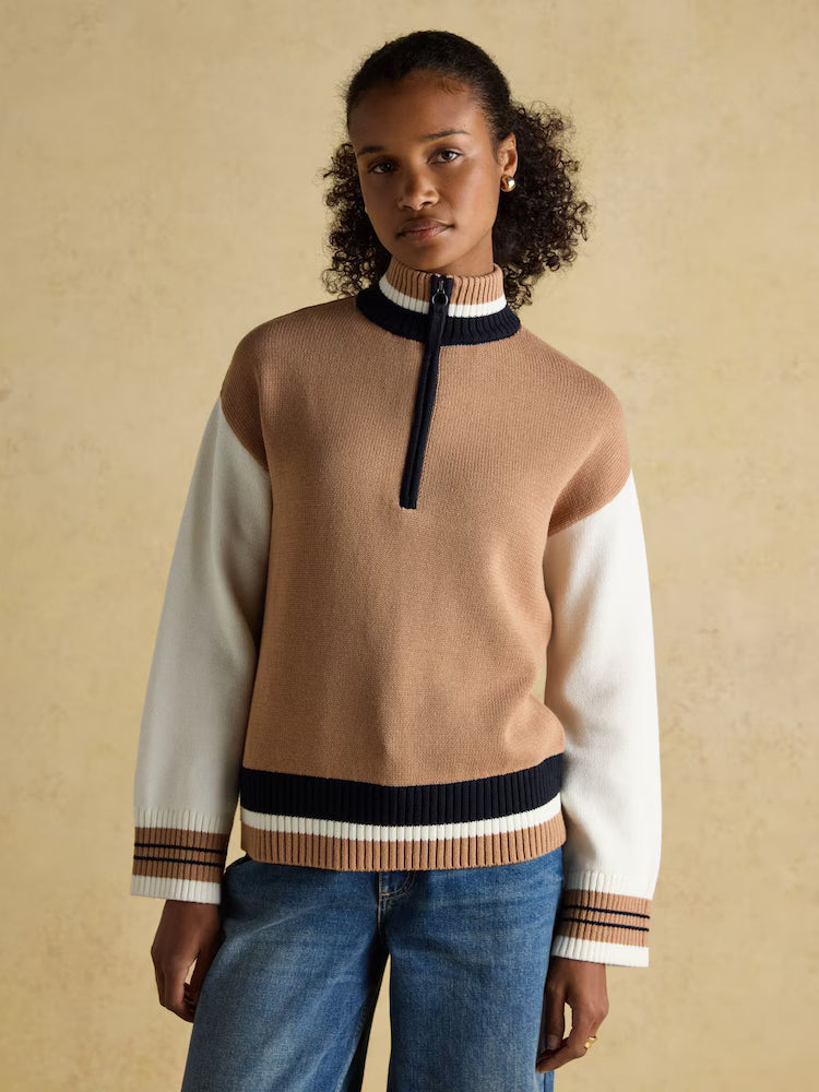 Joules Varsity Brown & Cream Colourblock Quarter Zip Cotton Jumper