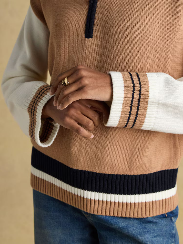 Joules Varsity Brown & Cream Colourblock Quarter Zip Cotton Jumper