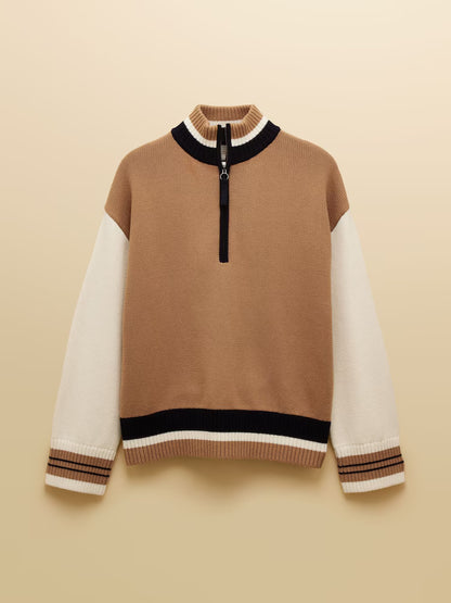Joules Varsity Brown & Cream Colourblock Quarter Zip Cotton Jumper