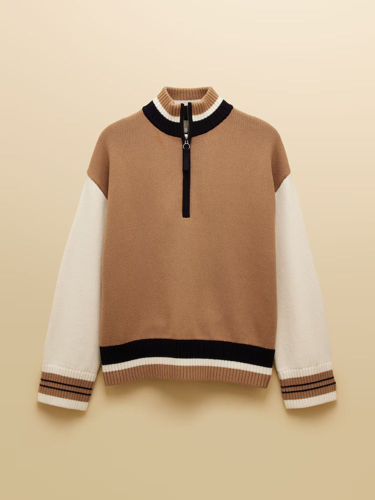 Joules Varsity Brown & Cream Colourblock Quarter Zip Cotton Jumper
