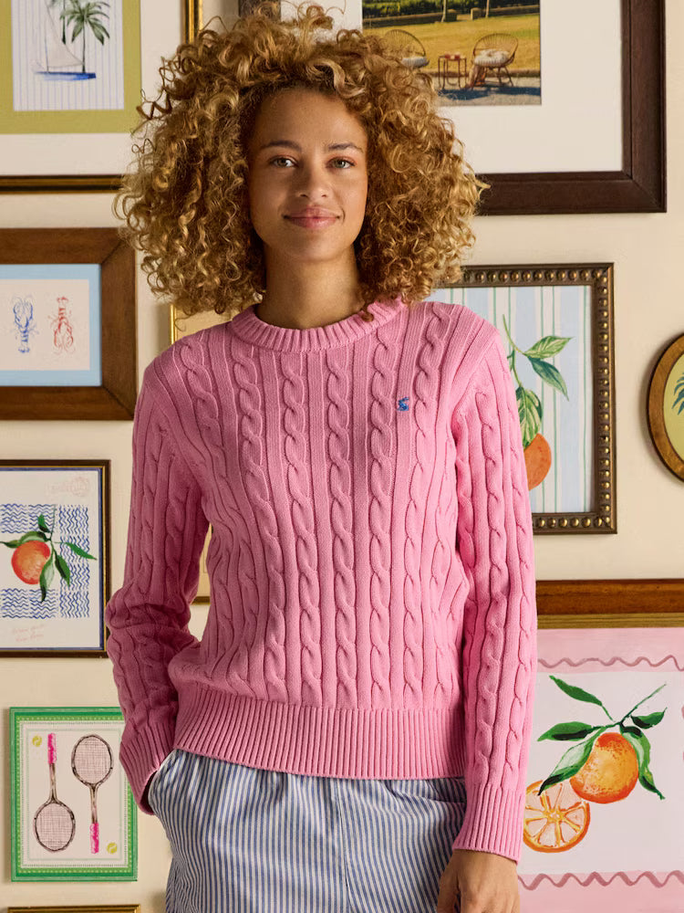 JOULES Pink Cable Knit Crew Neck Jumper - Classic Cotton Sweater for Women | Equiflair Saddlery
