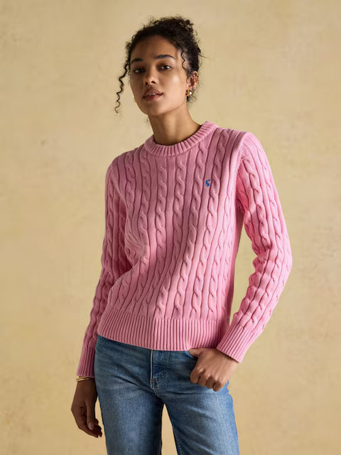 Joules Pink Cable Knit Jumper - Crew Neck Cotton Women's Sweater