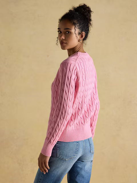 Joules Classic Cable Knit Pink Cotton Crew Neck Jumper for Women | Equiflair Saddlery