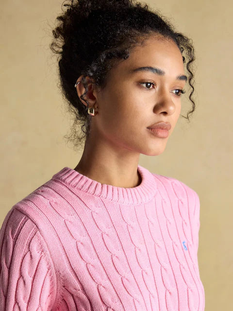JOULES Pink Cable Knit Jumper: Cotton Crew Neck for Women with Embroidered Hare Detail. Classic Style.