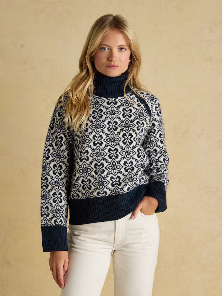 Joules Addison Navy & Cream Patterned Knitted Jumper with Detachable Roll Neck