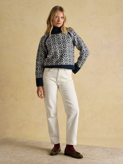 Joules Addison Navy & Cream Patterned Knitted Jumper with Detachable Roll Neck