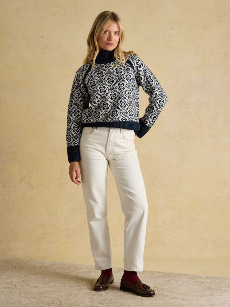 Joules Addison Navy & Cream Patterned Knitted Jumper with Detachable Roll Neck