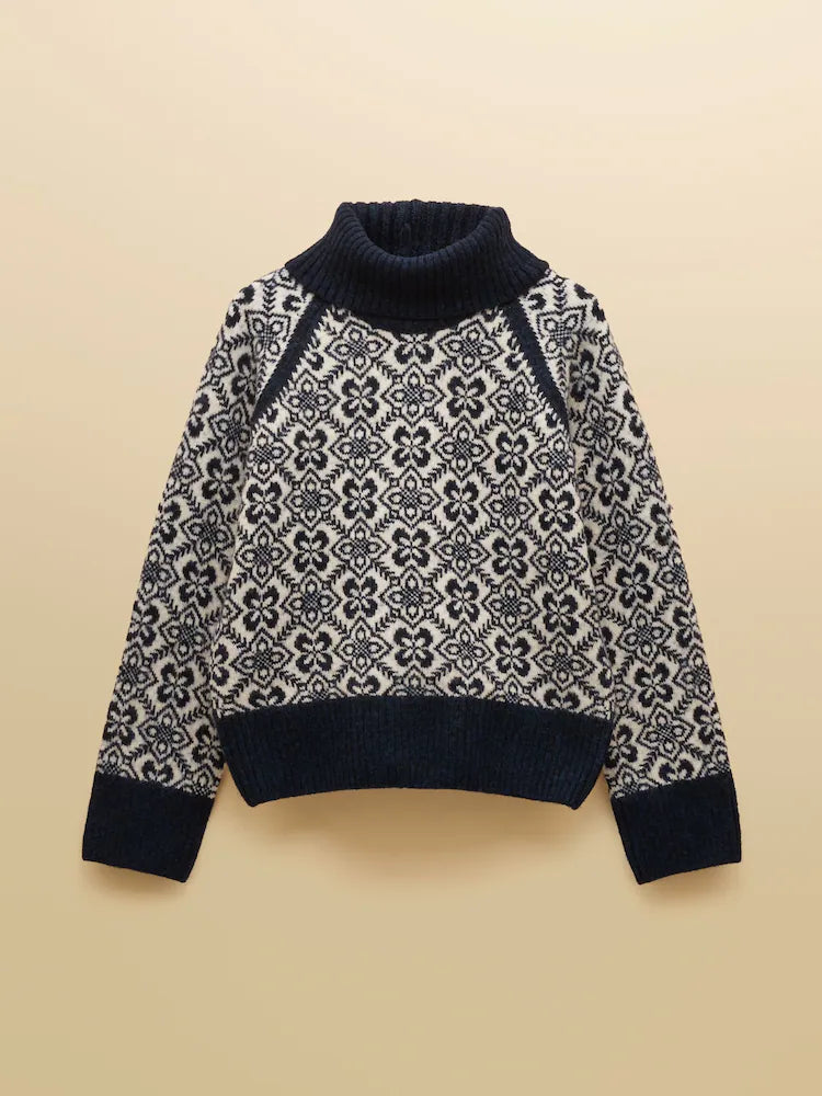 Joules Addison Navy & Cream Patterned Knitted Jumper with Detachable Roll Neck